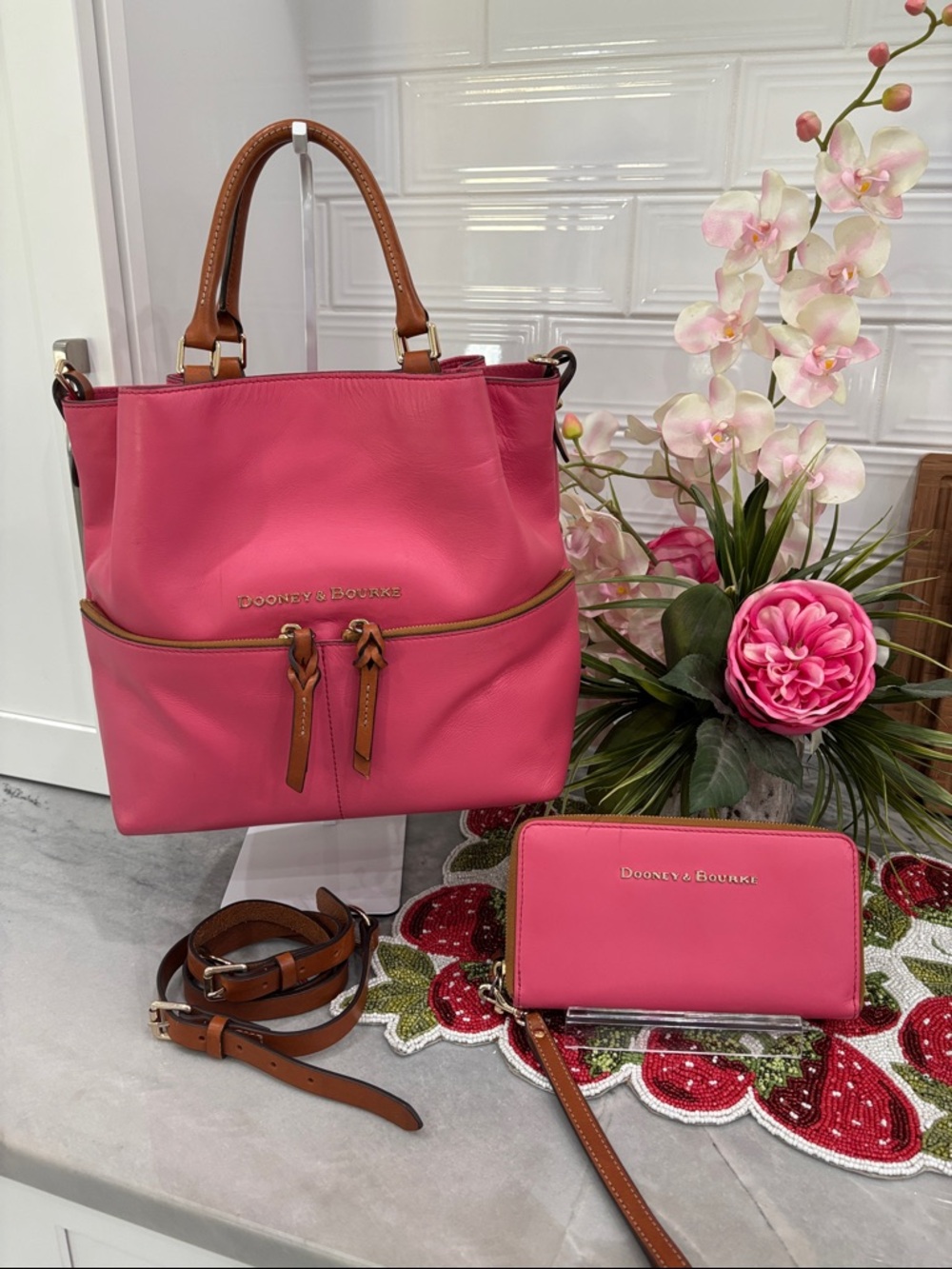 Dooney & Bourke Pink Leather Shoulder Bag with Matching Wallet